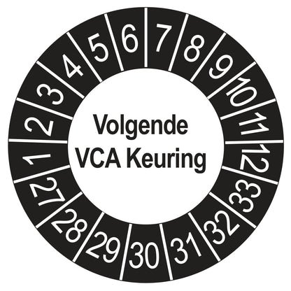 Keuringsstickers Volgende VCA Keuring 2027 | 50 stuks, Ø 35 mm | Buiten Zwart