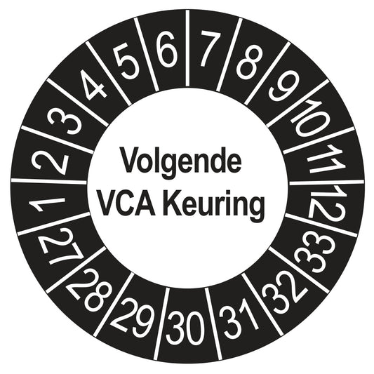 Keuringsstickers Volgende VCA Keuring 2027 | 50 stuks, Ø 35 mm | Buiten Zwart