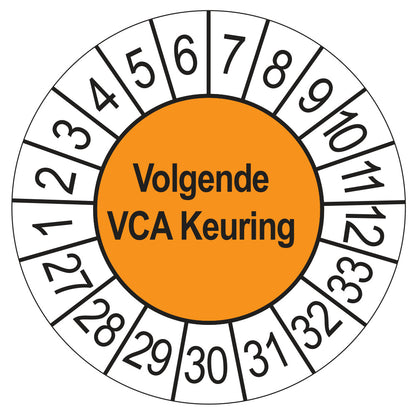 Keuringsstickers Volgende VCA Keuring 2027 | 50 stuks, Ø 35 mm | Oranje