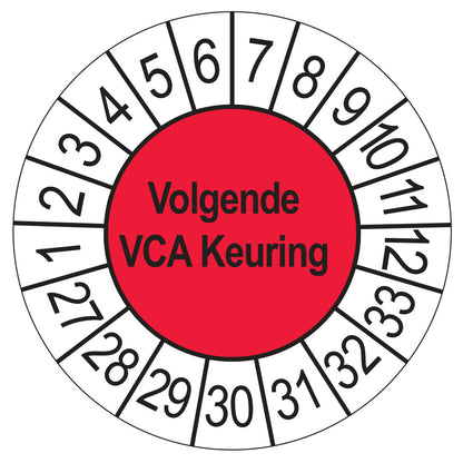 Keuringsstickers Volgende VCA Keuring 2027 | 50 stuks, Ø 35 mm | Rood