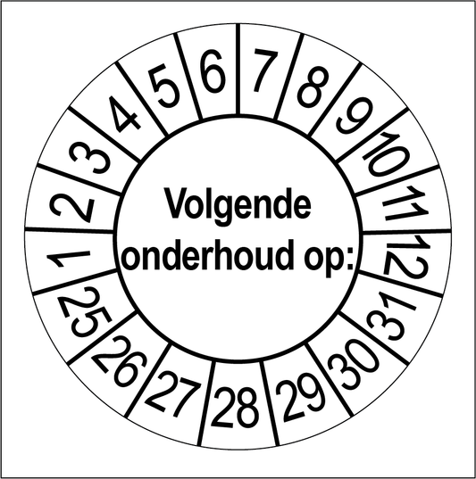 Keuringssticker Volgende Onderhoud, wit met zwarte opdruk, rond 35 mm vinyl
