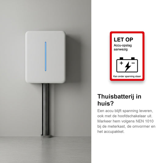 Thuisbatterij aan de wand, met de accu sticker NEN 1010 die erbij hoort