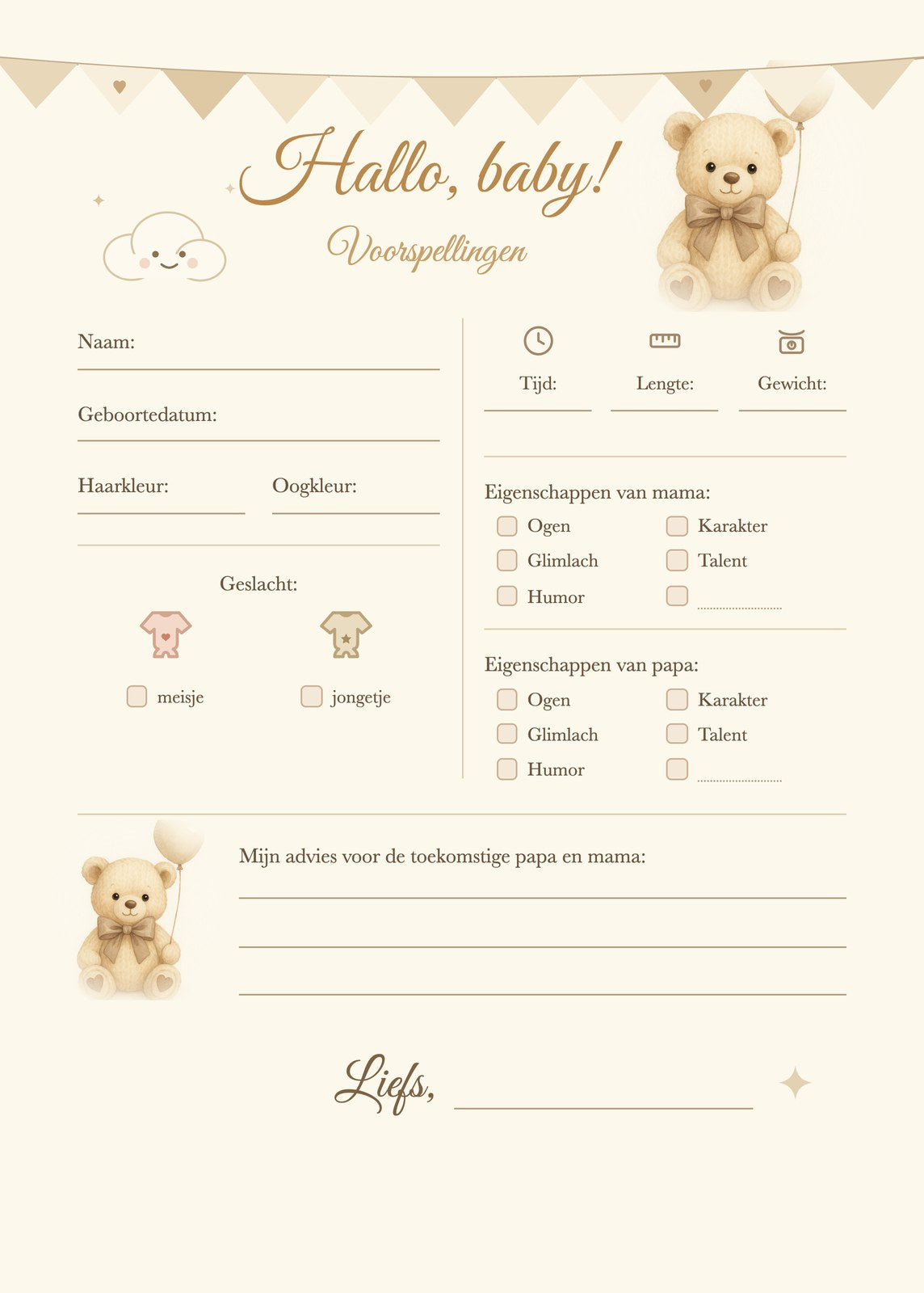 Achterkant babyshower invulkaart: invulformulier met voorspellingen en advies voor papa en mama