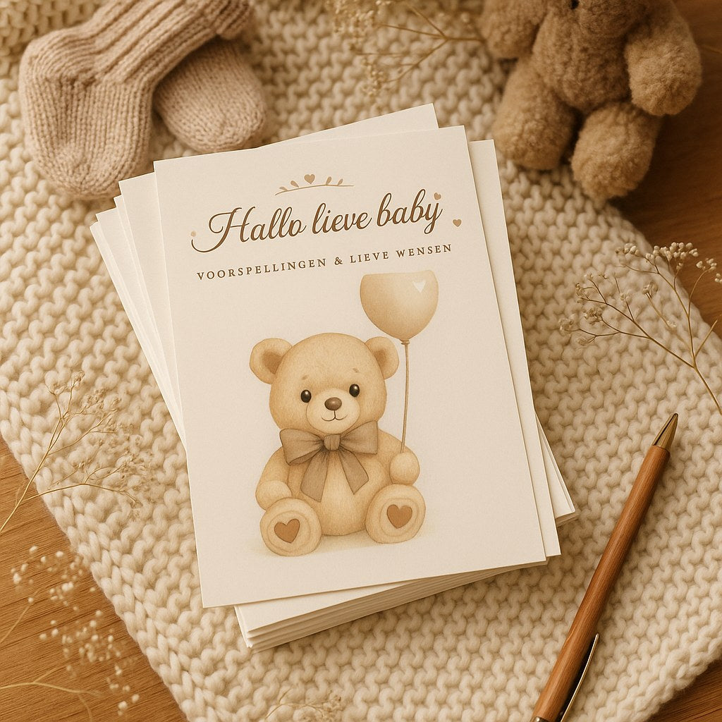 Babyshower invulkaarten met beertje op een gebreide deken met babysokjes, knuffel en pen