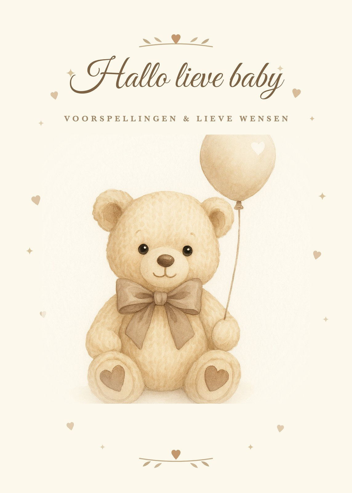Voorkant babyshower invulkaart: aquarel-beertje met strik en ballon, tekst Hallo lieve baby