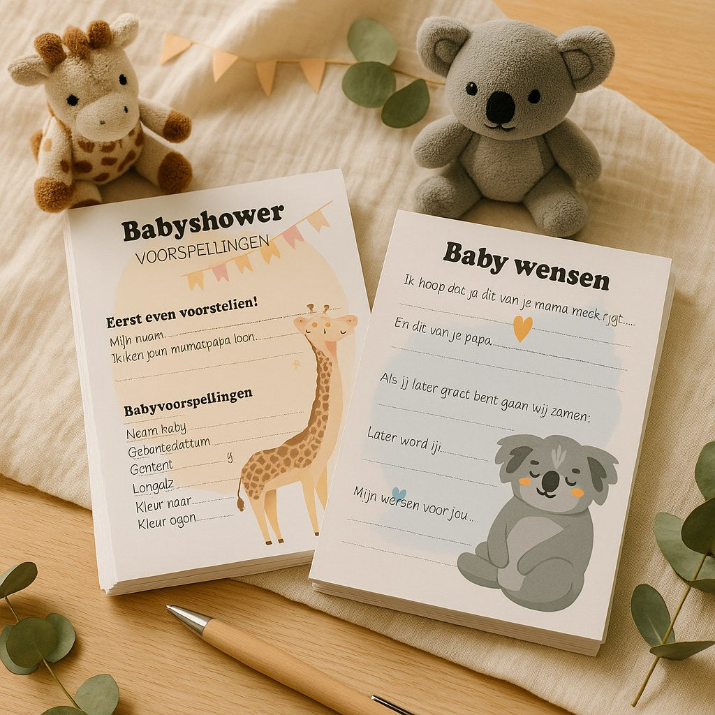 Babyshower invulkaarten met giraf en koala op een deken met knuffels, eucalyptus en pen