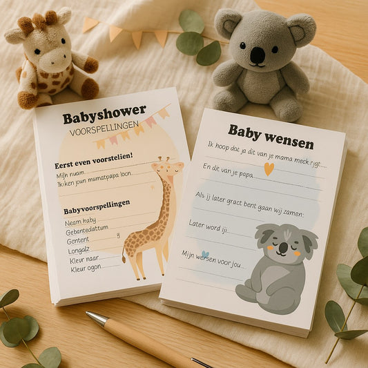 Babyshower invulkaarten met giraf en koala op een deken met knuffels, eucalyptus en pen