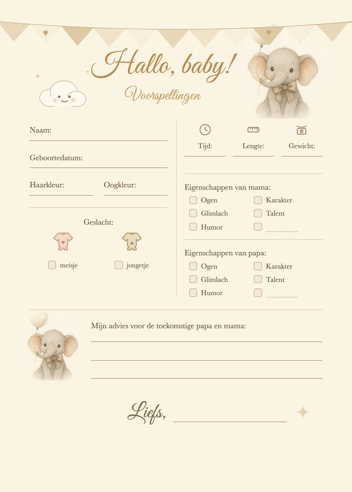 Achterkant babyshower invulkaart: invulformulier met voorspellingen en advies voor papa en mama