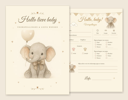 Babyshower invulkaarten A5 met olifantje en ballon, voorkant en invulformulier naast elkaar