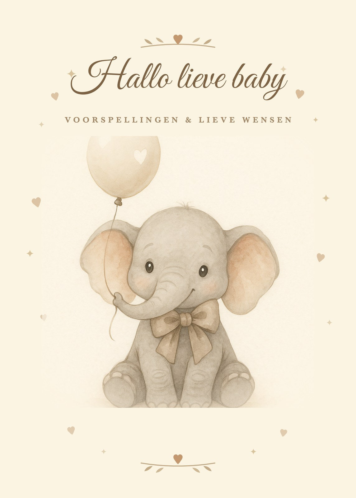 Voorkant babyshower invulkaart: aquarel-olifantje met strik en ballon, tekst Hallo lieve baby