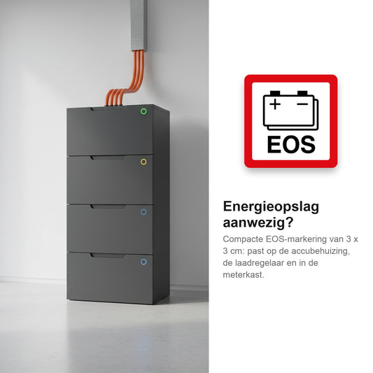 Energieopslagsysteem met gestapelde accumodules, met de EOS batterijsticker