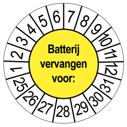 Keuringssticker Batterij vervangen, geel met witte cijferrand, rond 35 mm vinyl