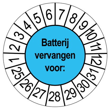 Keuringssticker Batterij vervangen, blauw met witte cijferrand, rond 35 mm vinyl