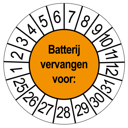Keuringssticker Batterij vervangen, oranje met witte cijferrand, rond 35 mm vinyl