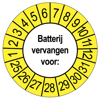 Keuringssticker Batterij vervangen, wit met gele buitenrand, rond 35 mm vinyl
