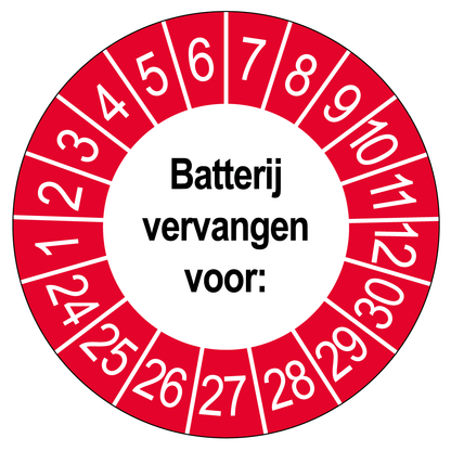 Keuringssticker Batterij vervangen, wit met rood-witte buitenrand, rond 35 mm vinyl