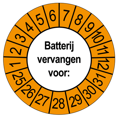 Keuringssticker Batterij vervangen, wit met oranje buitenrand, rond 35 mm vinyl