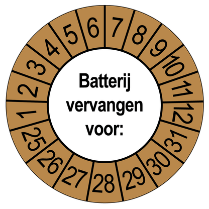 Keuringssticker Batterij vervangen, wit met bruine buitenrand, rond 35 mm vinyl