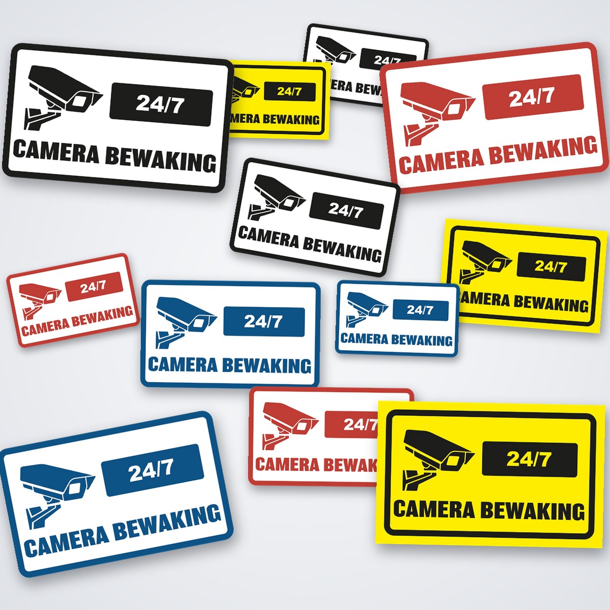 Verzameling camera bewaking stickers van Ricard in vier uitvoeringen: zwart, blauw, rood en gele achtergrond met zwarte opdruk
