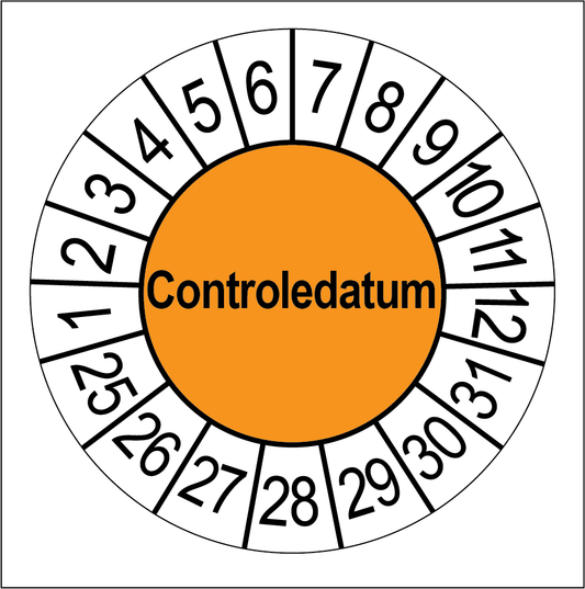 Keuringssticker Controledatum, oranje met witte cijferrand, rond 35 mm vinyl