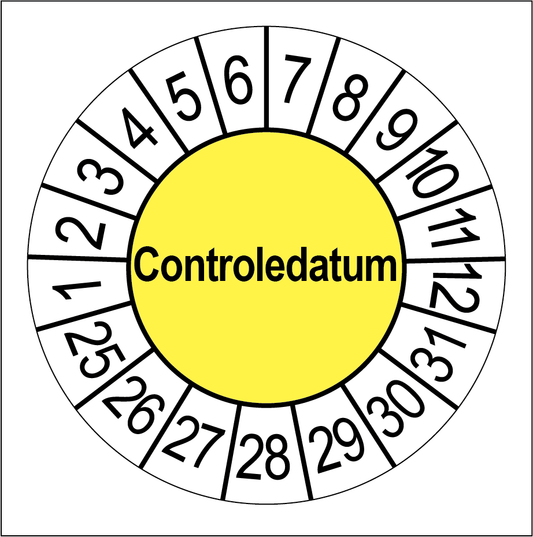 Keuringssticker Controledatum, geel met witte cijferrand, rond 35 mm vinyl