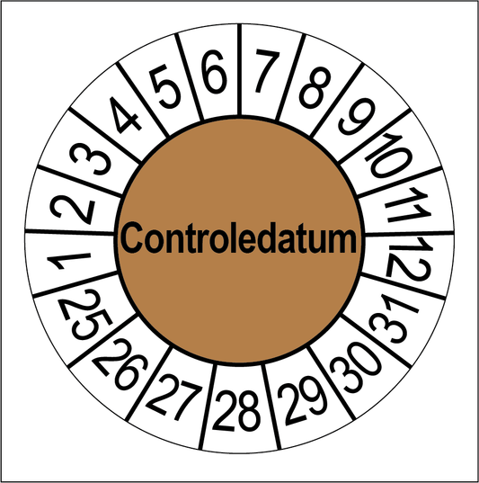 Keuringssticker Controledatum, bruin met witte cijferrand, rond 35 mm vinyl