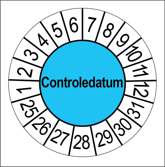 Keuringssticker Controledatum, blauw met witte cijferrand, rond 35 mm vinyl
