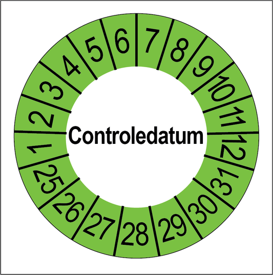 Keuringssticker Controledatum, wit met groene buitenrand, rond 35 mm vinyl
