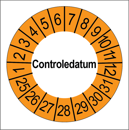 Keuringssticker Controledatum, wit met oranje buitenrand, rond 35 mm vinyl