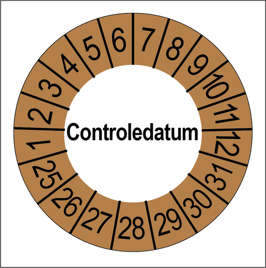 Keuringssticker Controledatum, wit met bruine buitenrand, rond 35 mm vinyl