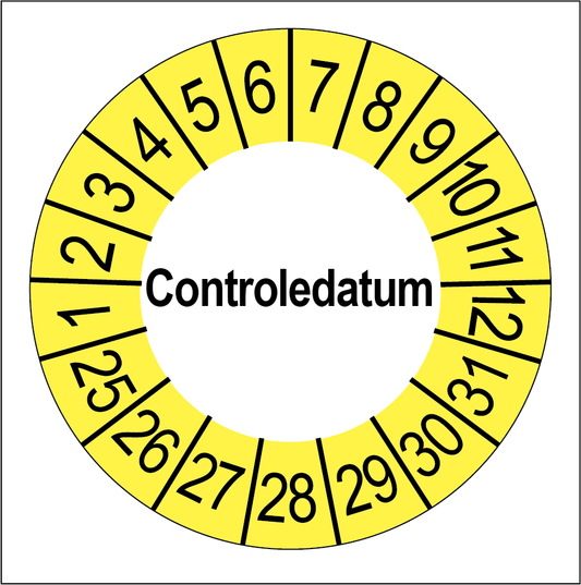 Keuringssticker Controledatum, wit met gele buitenrand, rond 35 mm vinyl
