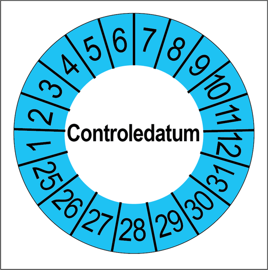 Keuringssticker Controledatum, wit met blauwe buitenrand, rond 35 mm vinyl