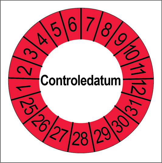 Keuringssticker Controledatum, wit met rode buitenrand, rond 35 mm vinyl