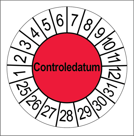 Keuringssticker Controledatum, rood met witte cijferrand, rond 35 mm vinyl