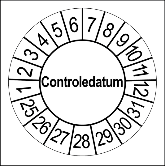 Keuringssticker Controledatum, wit met zwarte opdruk, rond 35 mm vinyl