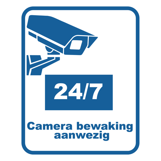 Camera Bewaking 24/7 bord, 20 x 25 cm, wit met blauwe tekst camerabewaking aanwezig en camerapictogram