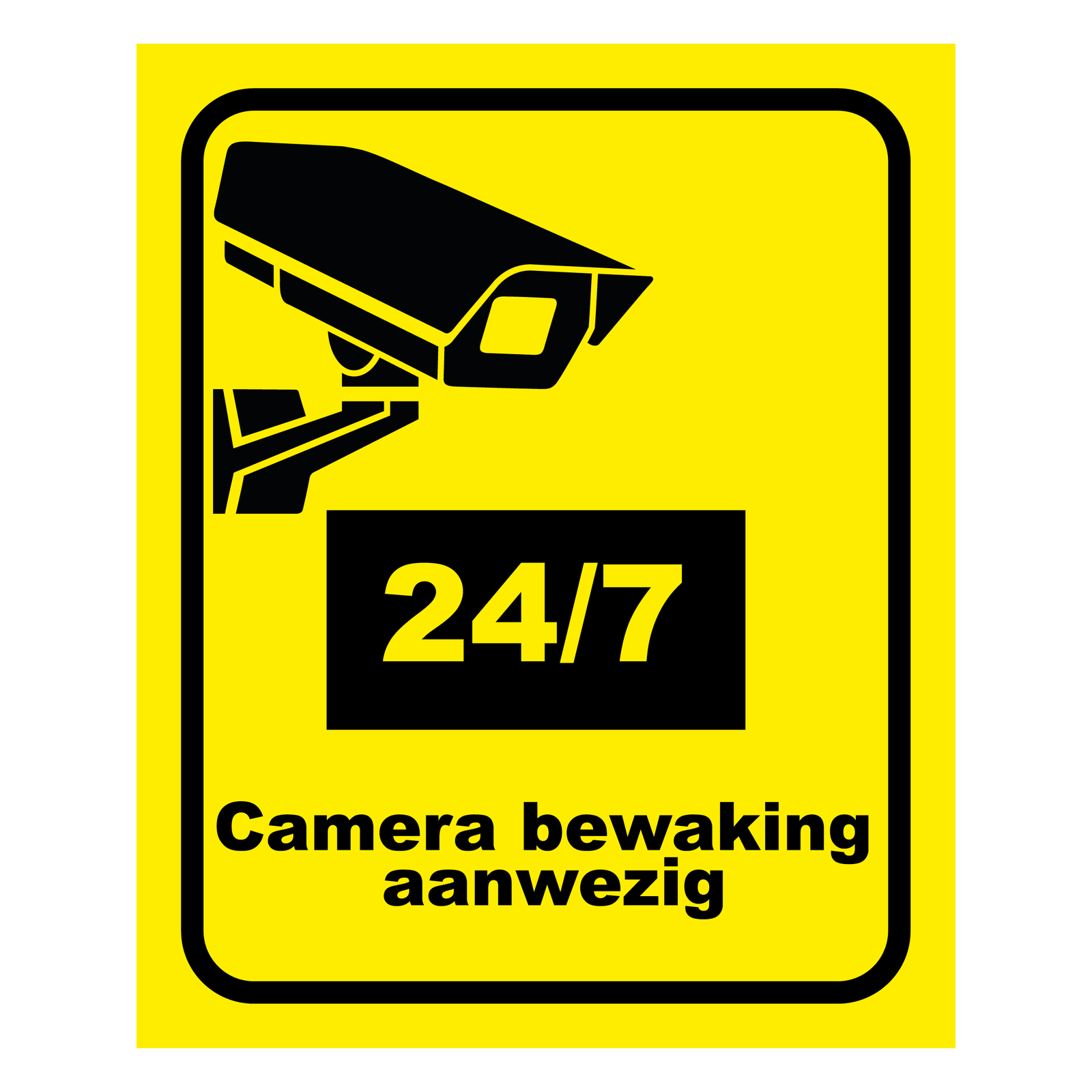 Camera Bewaking bord, 20 x 25 cm, gele achtergrond met zwart camerapictogram en tekst 24/7 camerabewaking aanwezig