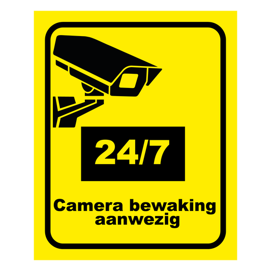 Camera Bewaking bord, 20 x 25 cm, gele achtergrond met zwart camerapictogram en tekst 24/7 camerabewaking aanwezig