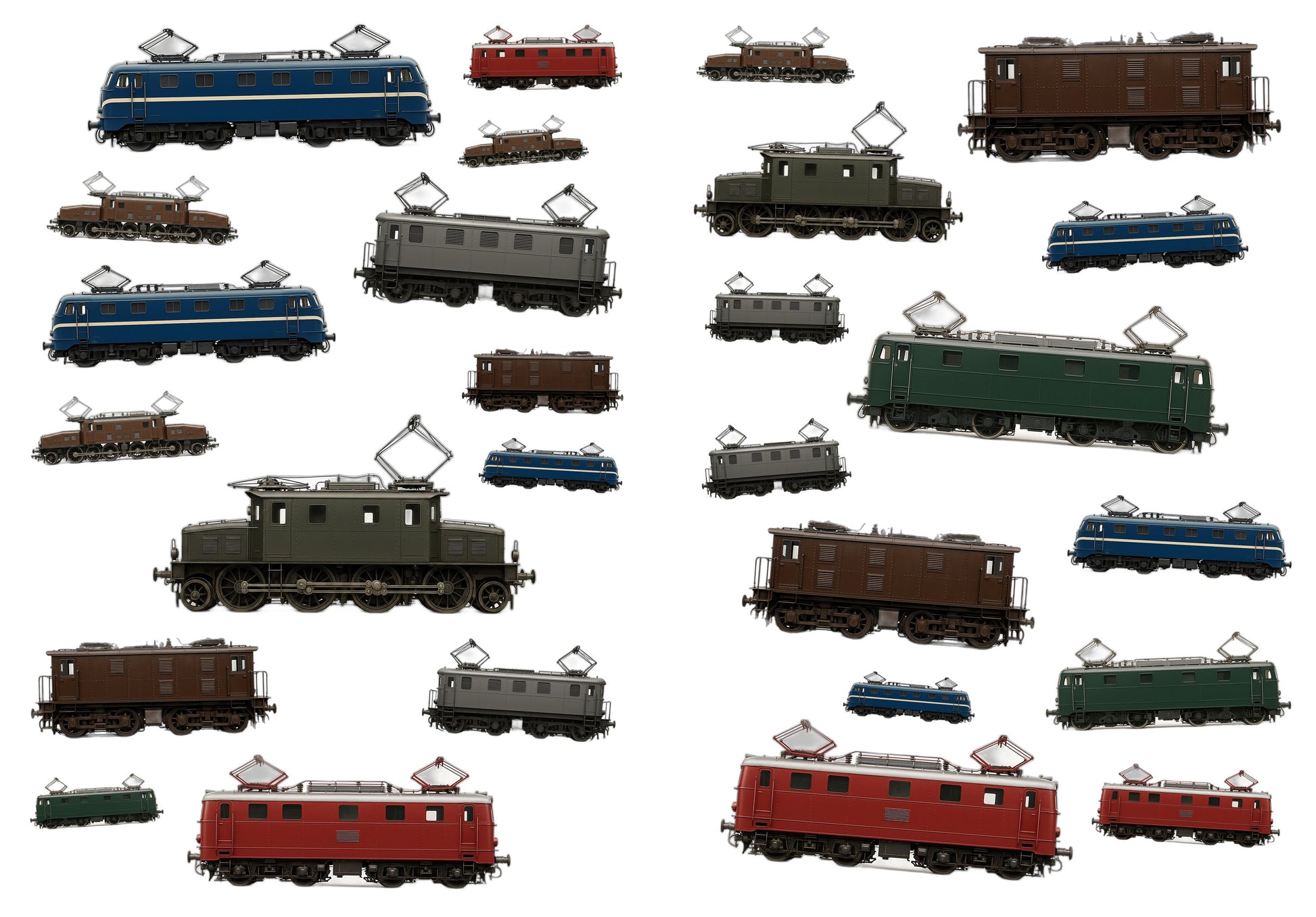 Twee A4-stickervellen met 27 elektrische locomotief-stickers naast elkaar