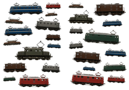 Twee A4-stickervellen met 27 elektrische locomotief-stickers naast elkaar