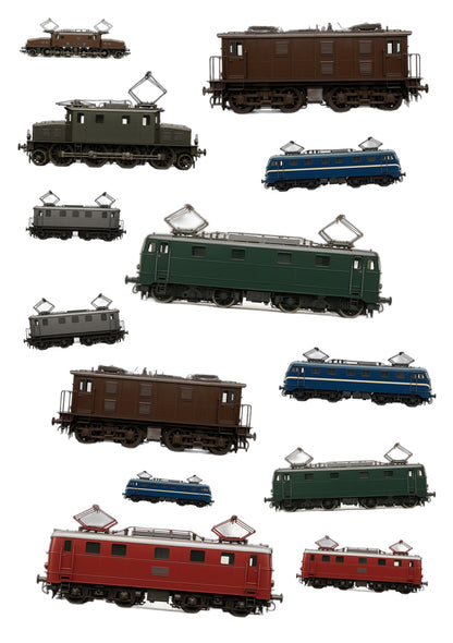 Stickervel A4 met 13 elektrische locomotief-stickers, vel 2 van 2
