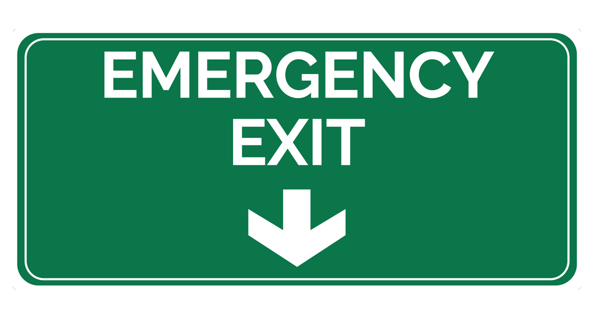 Emergency Exit sticker omlaag 400×200 mm, groen-witte tekststicker met pijl omlaag