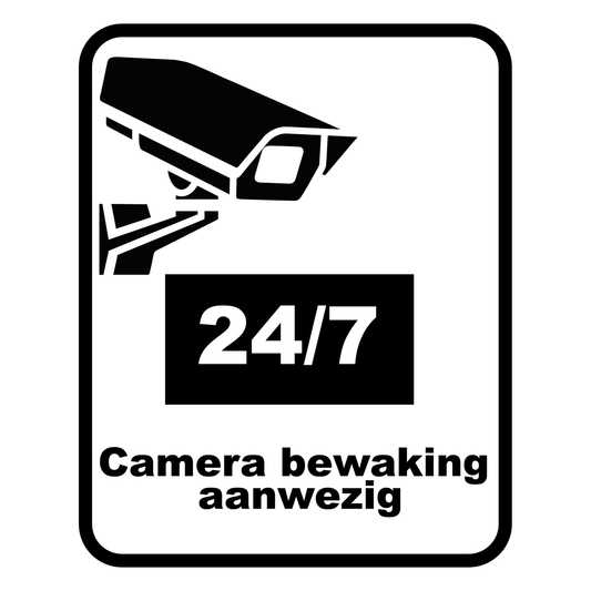 Camera Bewaking 24/7 bord, 20 x 25 cm, wit met zwarte tekst camerabewaking aanwezig en camerapictogram