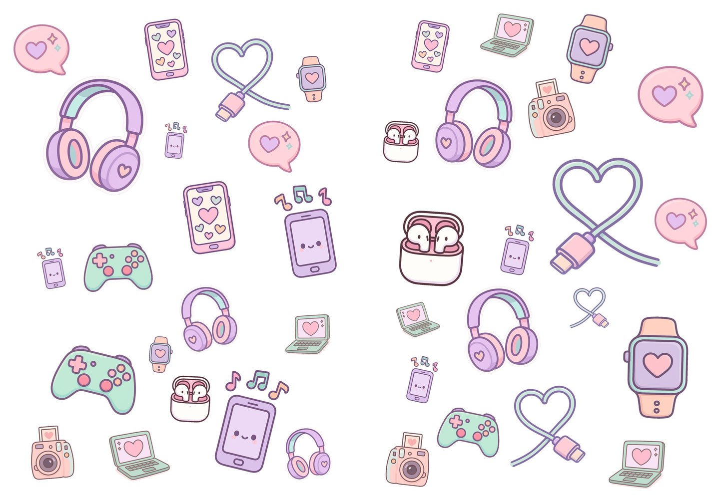 Twee A4-stickervellen met 40 pastel gadgetstickers naast elkaar
