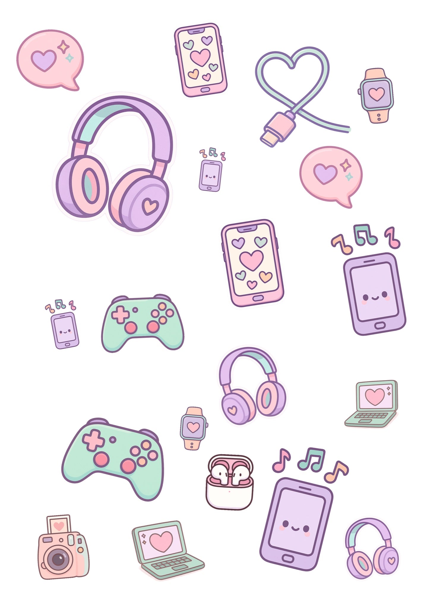 Stickervel A4 met 20 pastel gadgetstickers in kawaii-stijl, vel 1 van 2