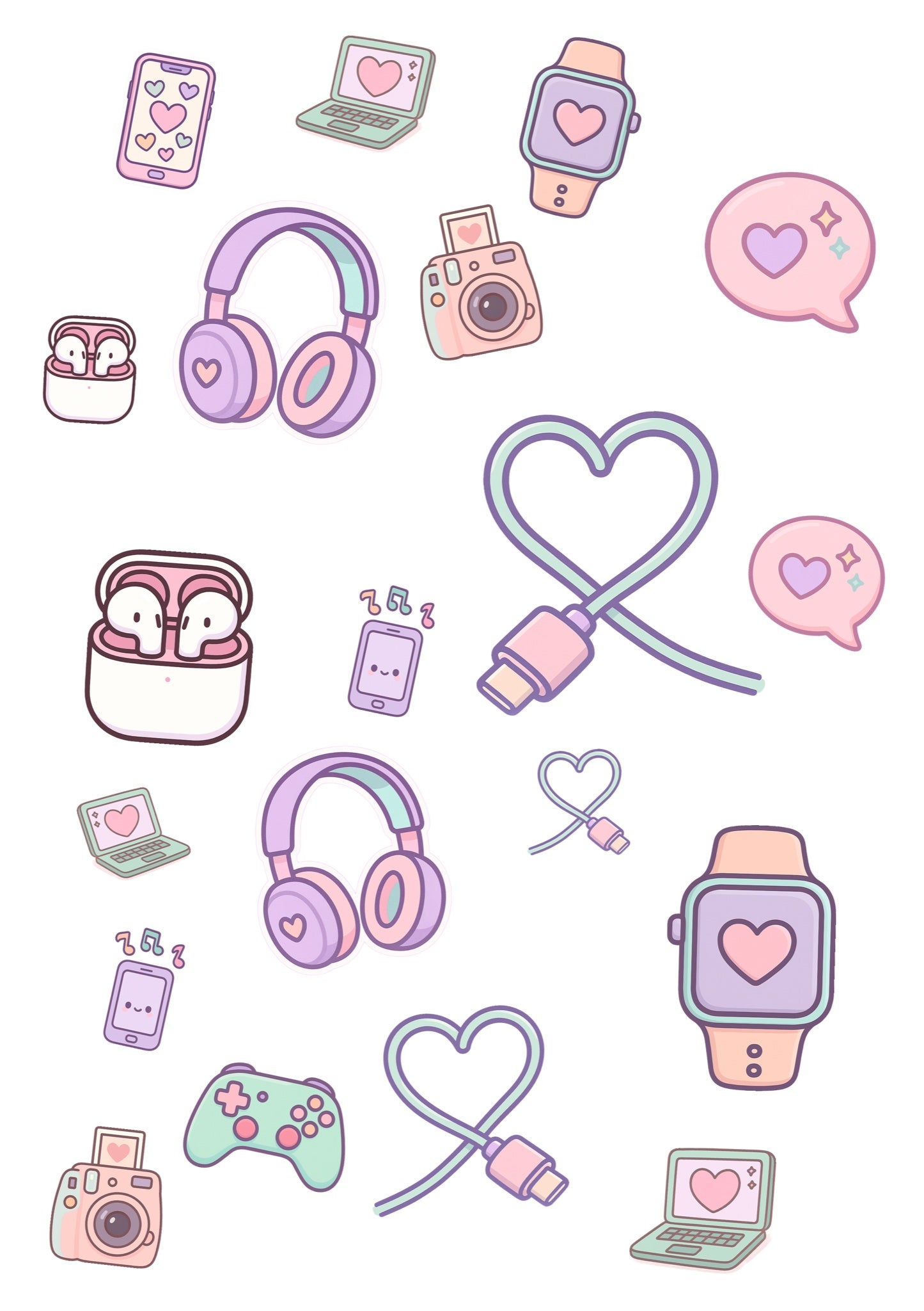 Stickervel A4 met 20 pastel gadgetstickers in kawaii-stijl, vel 2 van 2