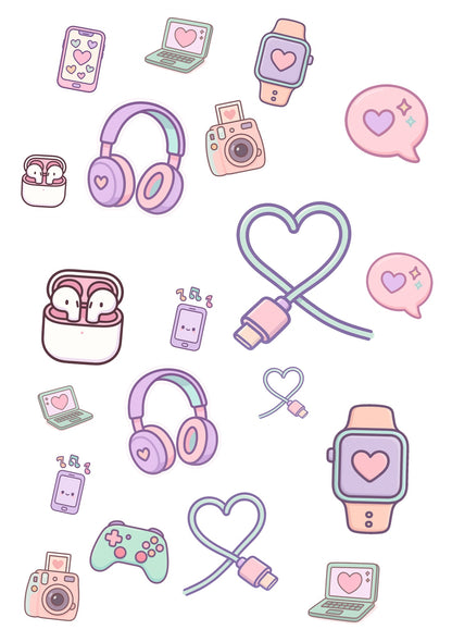 Stickervel A4 met 20 pastel gadgetstickers in kawaii-stijl, vel 2 van 2