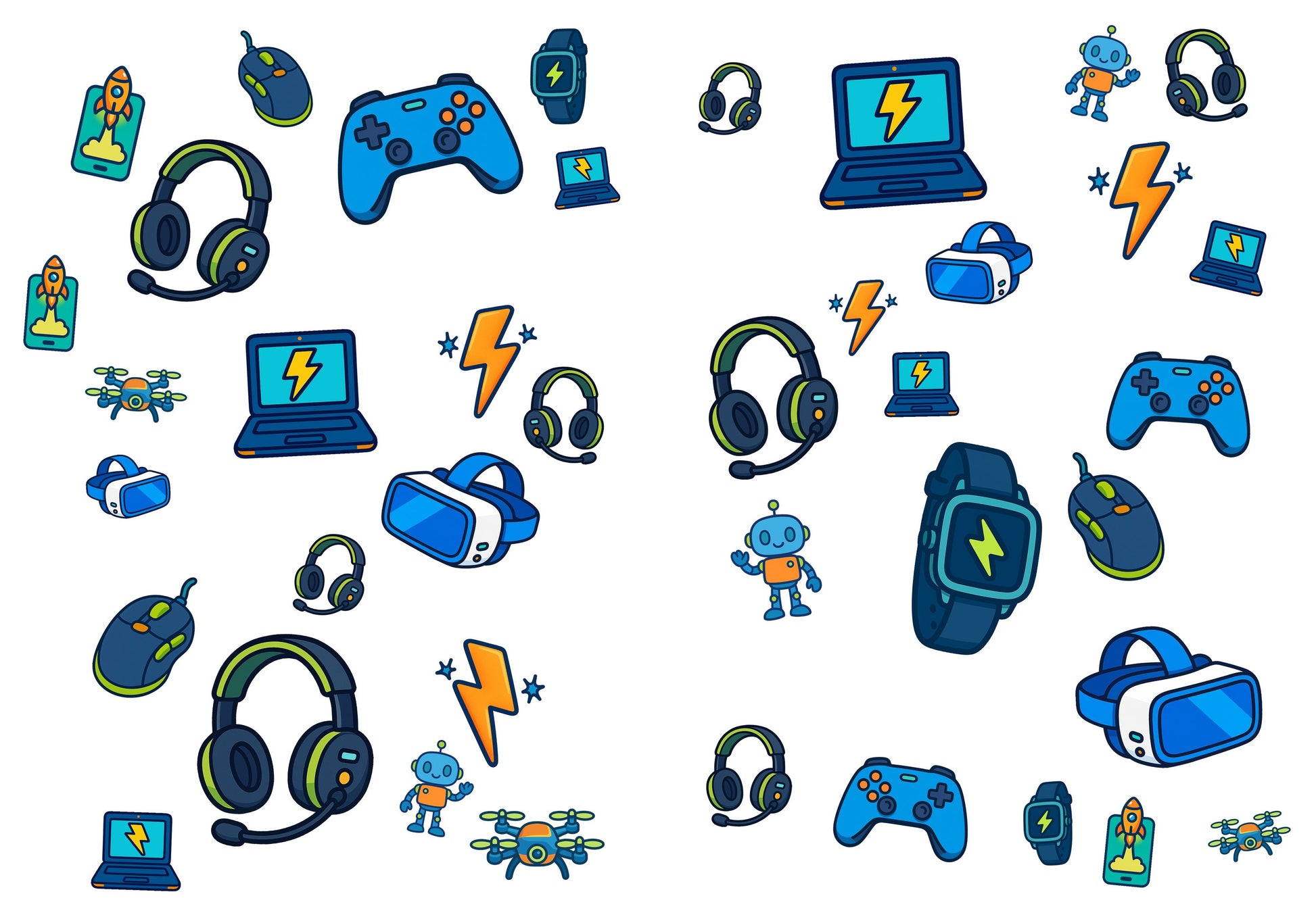 Twee A4-stickervellen met 40 gaming-gadgetstickers naast elkaar