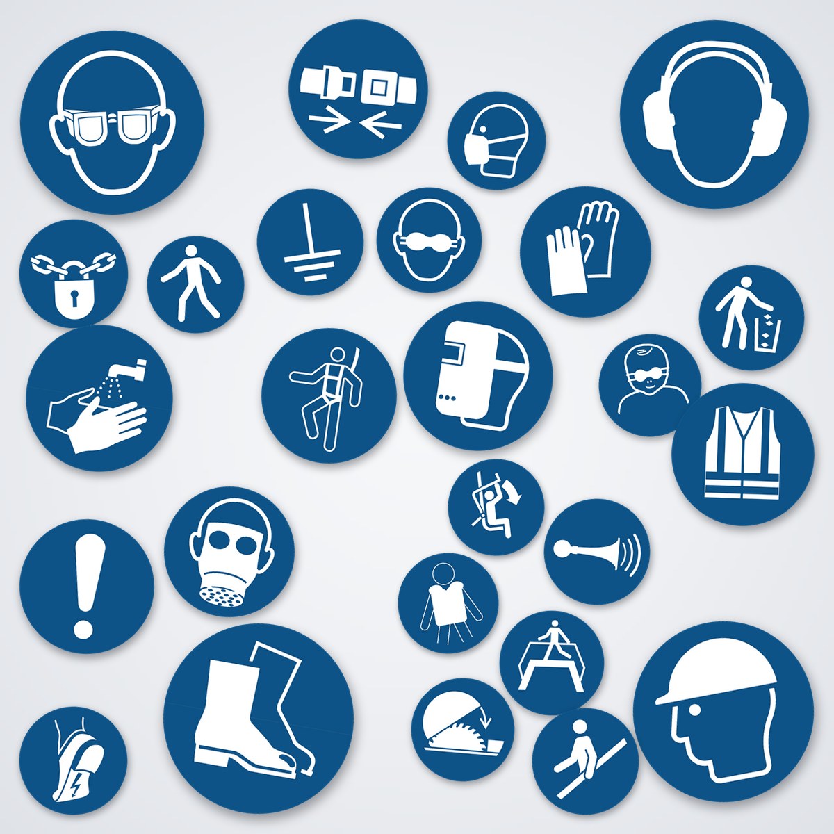 Verzameling gebodsstickers: ronde blauwe ISO 7010 pictogramstickers van Ricard