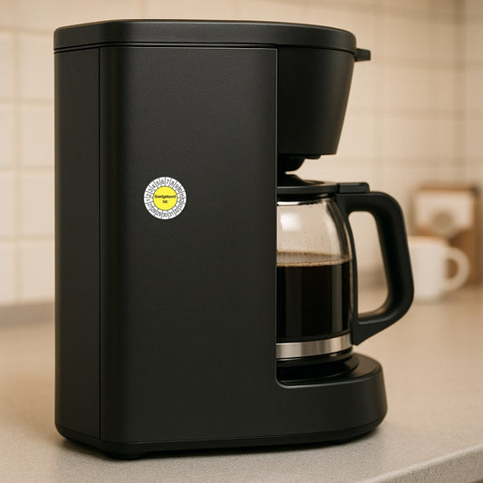 Keuringssticker Goedgekeurd tot, geel, aangebracht op een koffiezetapparaat